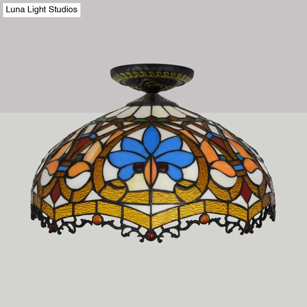 12’/16’ W Baroque Scalloped Flush Mount Ceiling Lamp - Handcrafted Stained Glass 1 Bulb Black