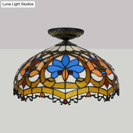 12’/16’ W Baroque Scalloped Flush Mount Ceiling Lamp - Handcrafted Stained Glass 1 Bulb Black