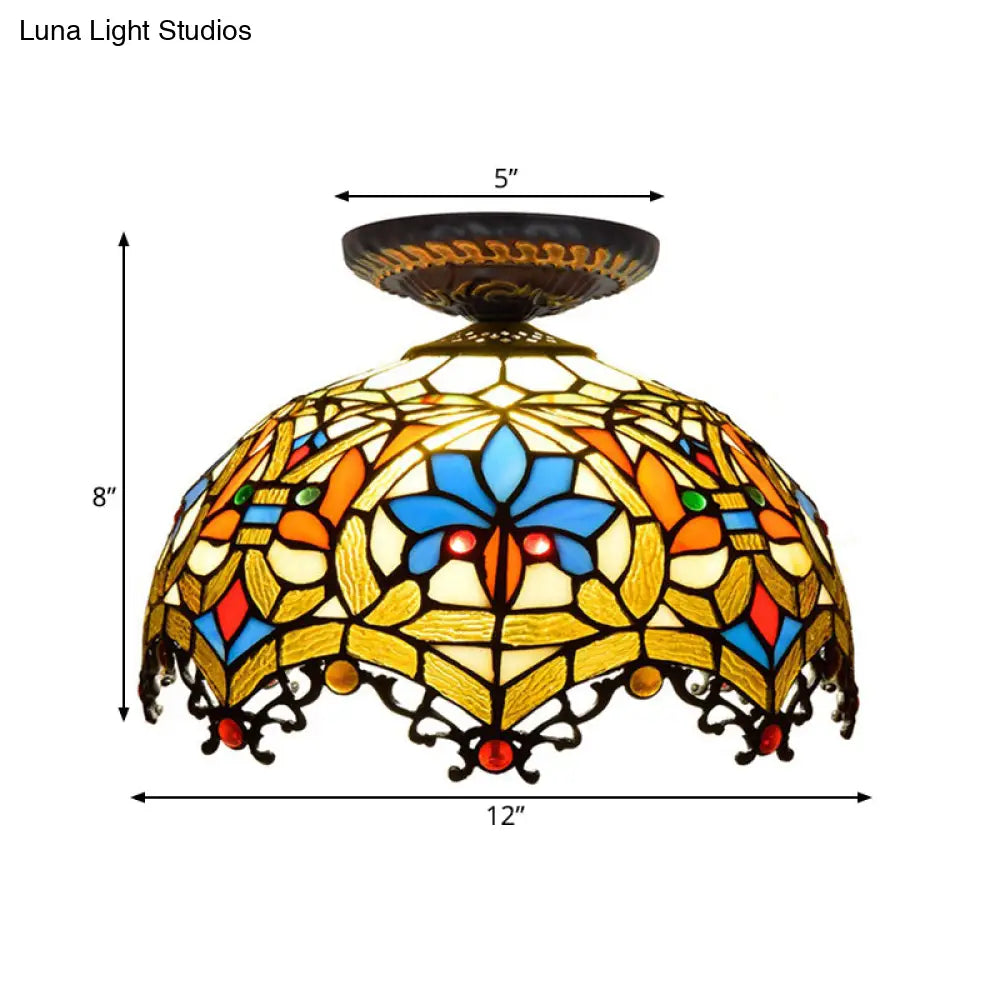 12’/16’ W Baroque Scalloped Flush Mount Ceiling Lamp - Handcrafted Stained Glass 1 Bulb Black