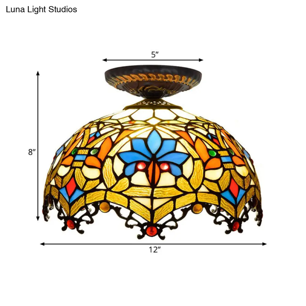 12/16 W Baroque Scalloped Flush Mount Ceiling Lamp - Handcrafted Stained Glass 1 Bulb Black