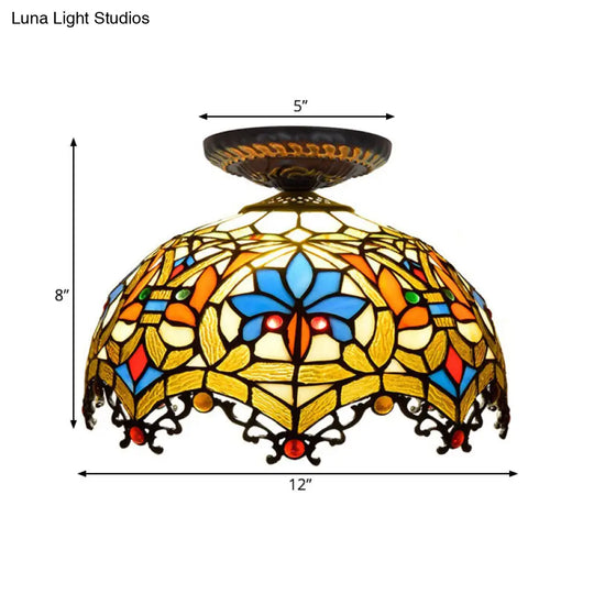 12/16 W Baroque Scalloped Flush Mount Ceiling Lamp - Handcrafted Stained Glass 1 Bulb Black