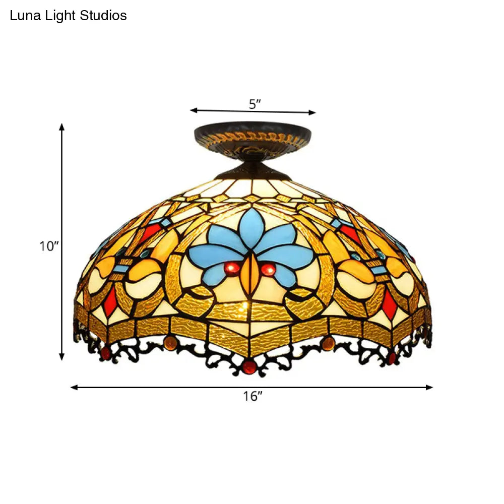12’/16’ W Baroque Scalloped Flush Mount Ceiling Lamp - Handcrafted Stained Glass 1 Bulb Black