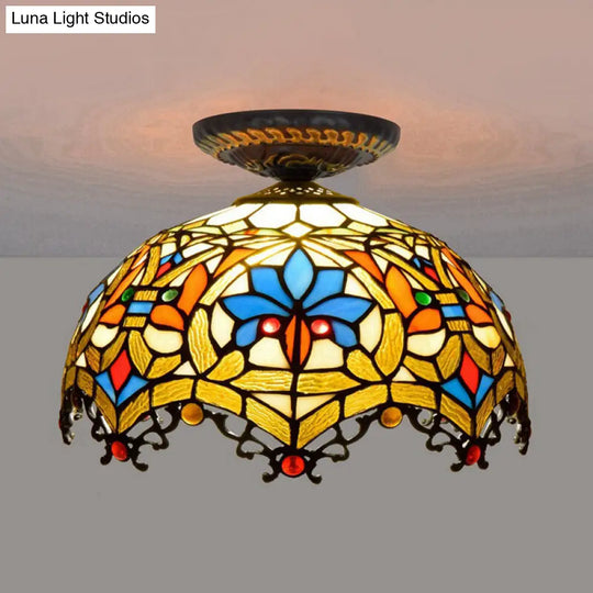 12/16 W Baroque Scalloped Flush Mount Ceiling Lamp - Handcrafted Stained Glass 1 Bulb Black / 12