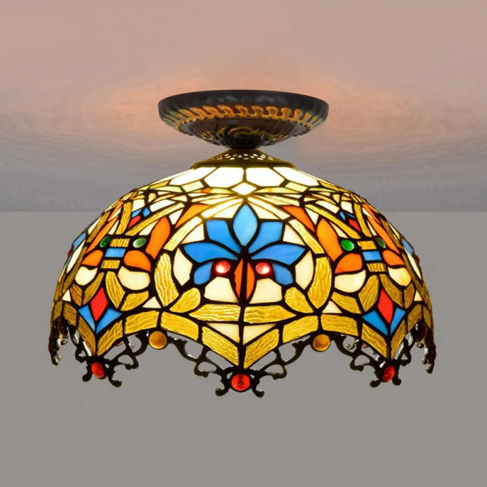 12’/16’ W Baroque Scalloped Flush Mount Ceiling Lamp - Handcrafted Stained Glass 1 Bulb Black / 12’