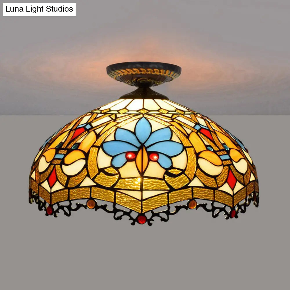 12/16 W Baroque Scalloped Flush Mount Ceiling Lamp - Handcrafted Stained Glass 1 Bulb Black / 16