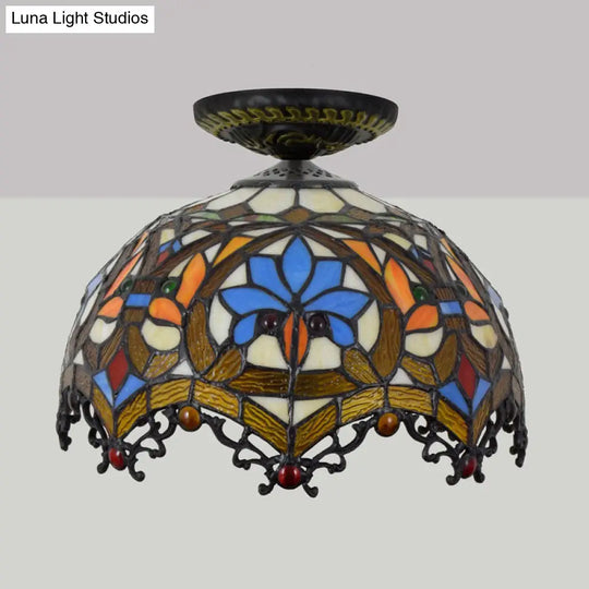 12’/16’ W Baroque Scalloped Flush Mount Ceiling Lamp - Handcrafted Stained Glass 1 Bulb Black