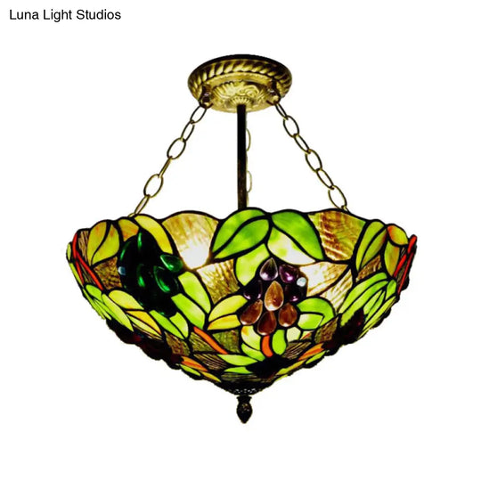 12/16 W Inverted Semi Flush Light: Stained Glass Bowl Shade Green / 16