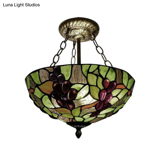 12/16 W Inverted Semi Flush Light: Stained Glass Bowl Shade Green