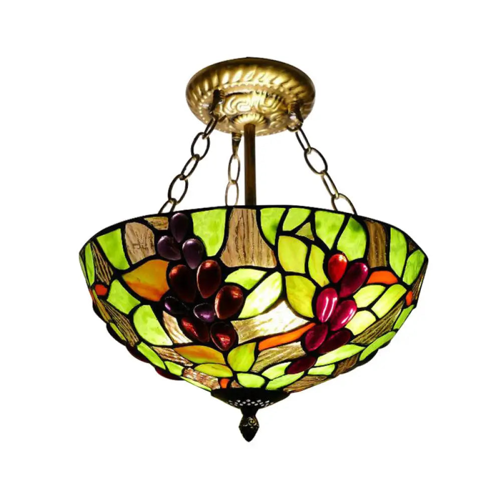 12’/16’ W Inverted Semi Flush Light: Stained Glass Bowl Shade Green / 12’