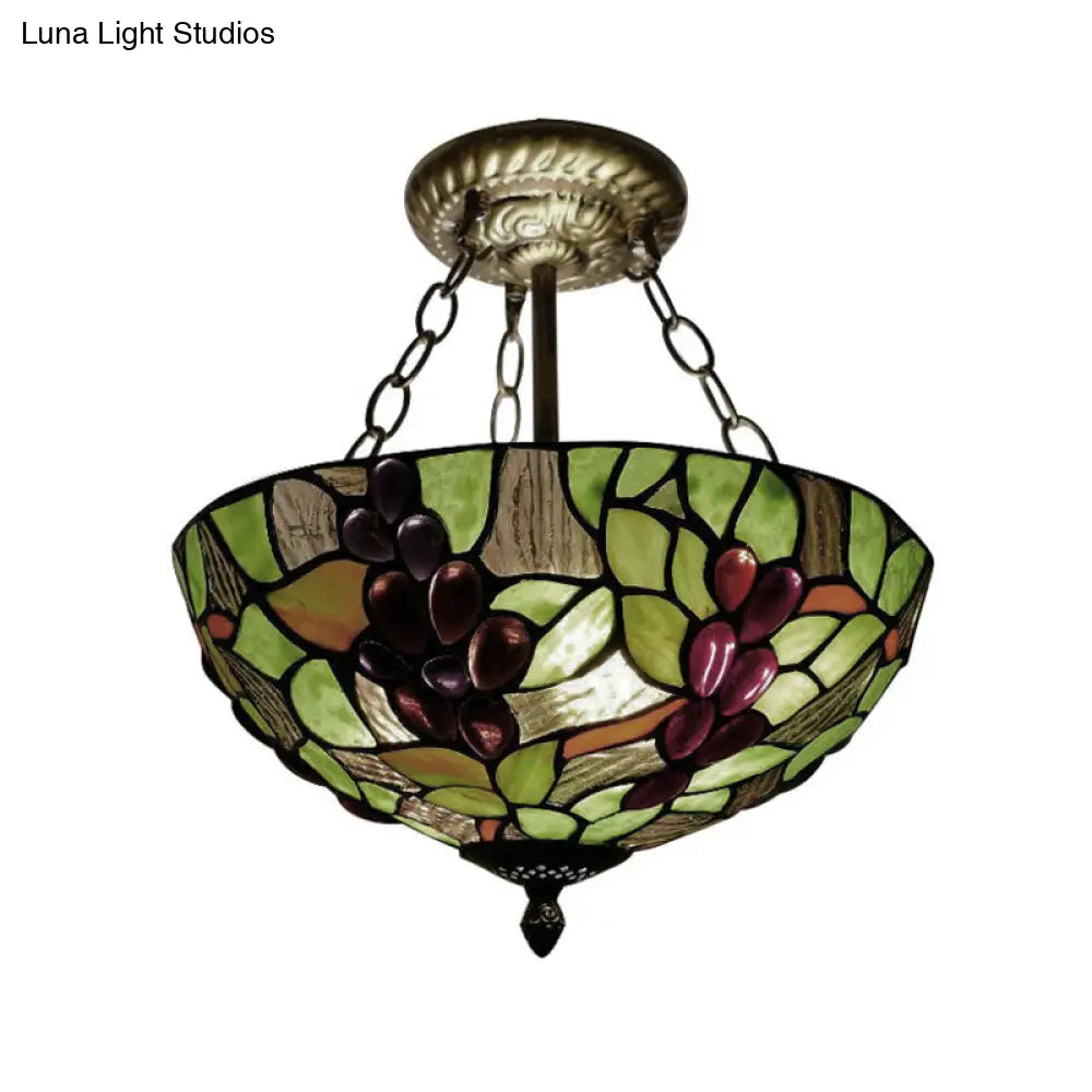 12’/16’ W Inverted Semi Flush Light: Stained Glass Bowl Shade Green