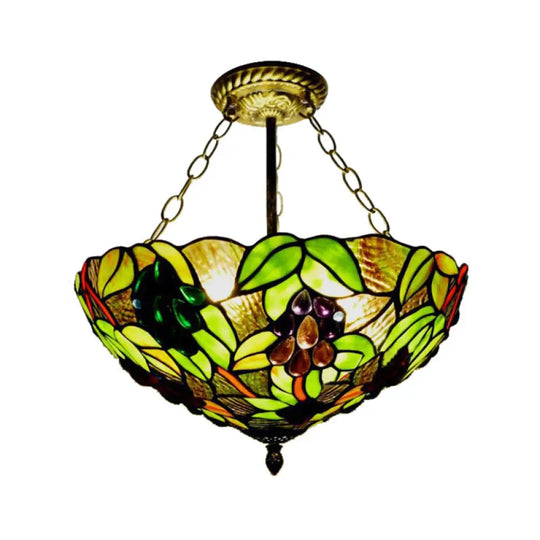 12’/16’ W Inverted Semi Flush Light: Stained Glass Bowl Shade Green / 16’