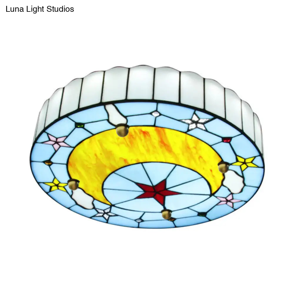 12’/16’ W Moon Flush Ceiling Light: Modern Tiffany Stained Glass Semi Mount In Blue
