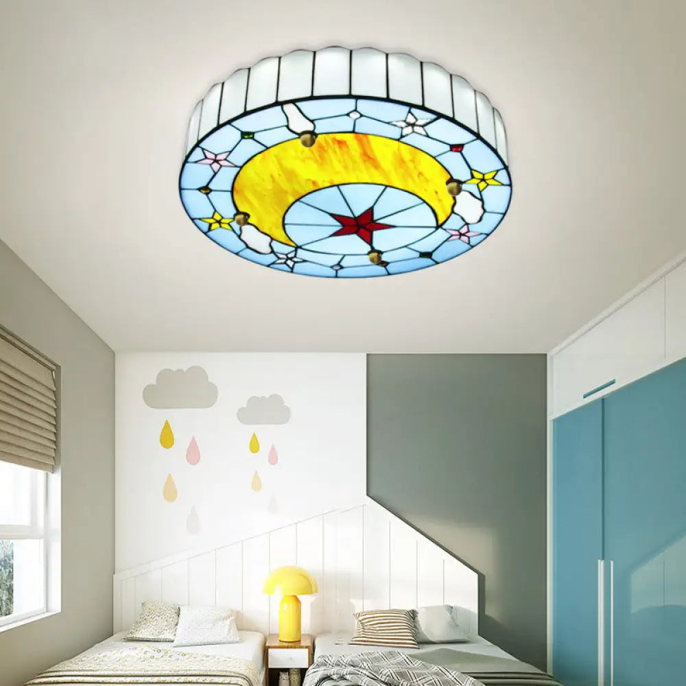 12’/16’ W Moon Flush Ceiling Light: Modern Tiffany Stained Glass Semi Mount In Blue / 12’