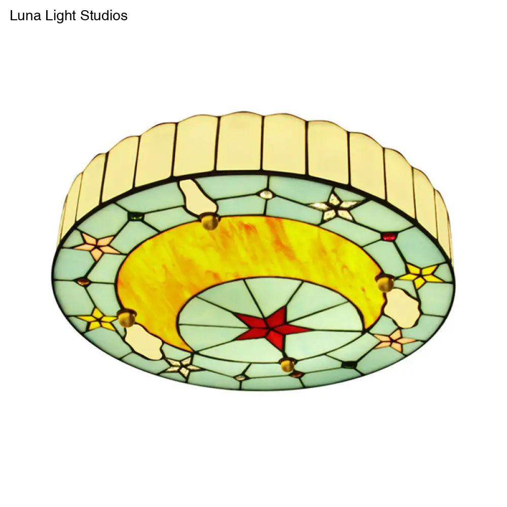 12/16 W Moon Flush Ceiling Light: Modern Tiffany Stained Glass Semi Mount In Blue