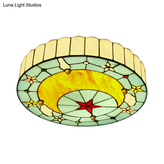 12/16 W Moon Flush Ceiling Light: Modern Tiffany Stained Glass Semi Mount In Blue