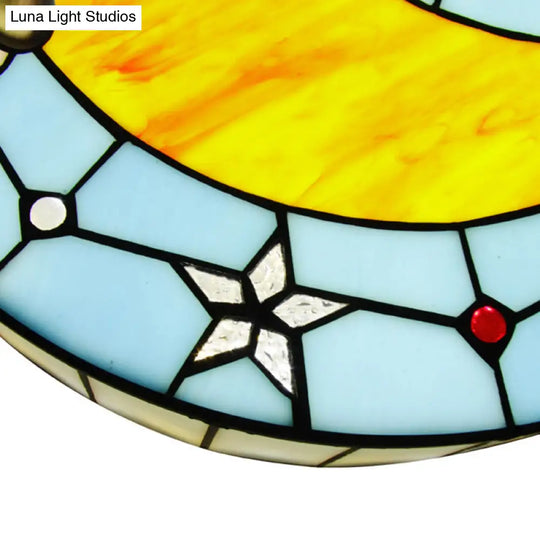 12’/16’ W Moon Flush Ceiling Light: Modern Tiffany Stained Glass Semi Mount In Blue