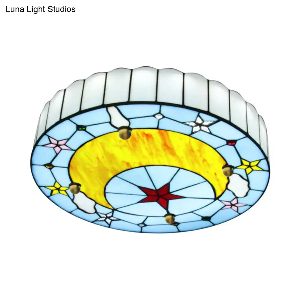 12/16 W Moon Flush Ceiling Light: Modern Tiffany Stained Glass Semi Mount In Blue