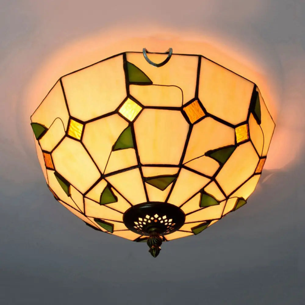 12’/16’ White Dome Tiffany Ceiling Lamp - Multicolored Stained Glass 2/3 Bulbs Flush Mount