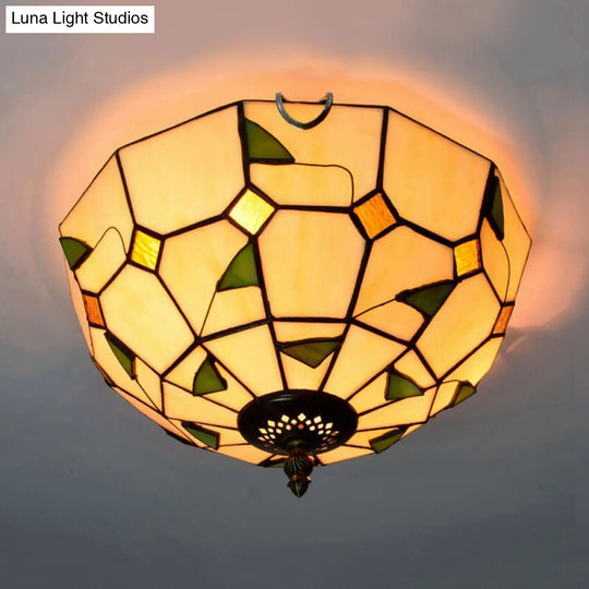 12/16 White Dome Tiffany Ceiling Lamp - Multicolored Stained Glass 2/3 Bulbs Flush Mount Lighting /