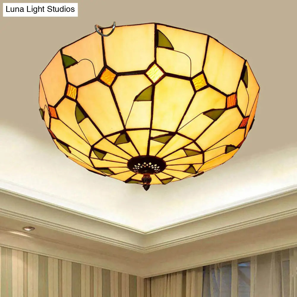 12/16 White Dome Tiffany Ceiling Lamp - Multicolored Stained Glass 2/3 Bulbs Flush Mount Lighting /