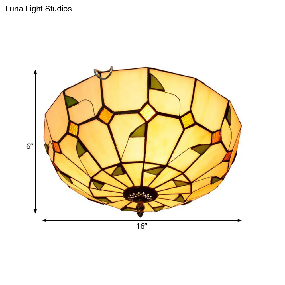 12/16 White Dome Tiffany Ceiling Lamp - Multicolored Stained Glass 2/3 Bulbs Flush Mount Lighting