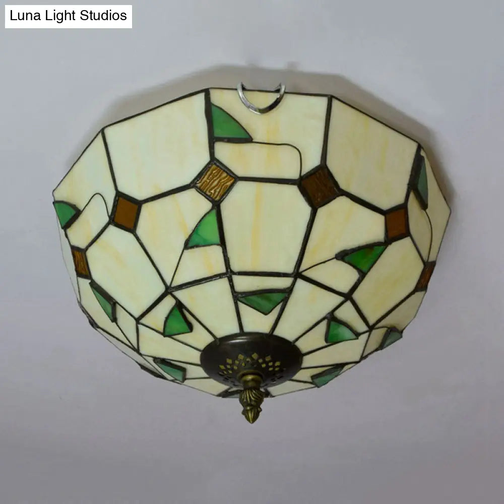 12’/16’ White Dome Tiffany Ceiling Lamp - Multicolored Stained Glass 2/3 Bulbs Flush Mount Lighting