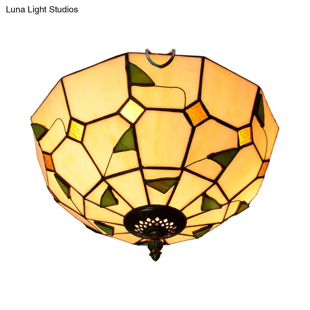 12’/16’ White Dome Tiffany Ceiling Lamp - Multicolored Stained Glass 2/3 Bulbs Flush Mount Lighting