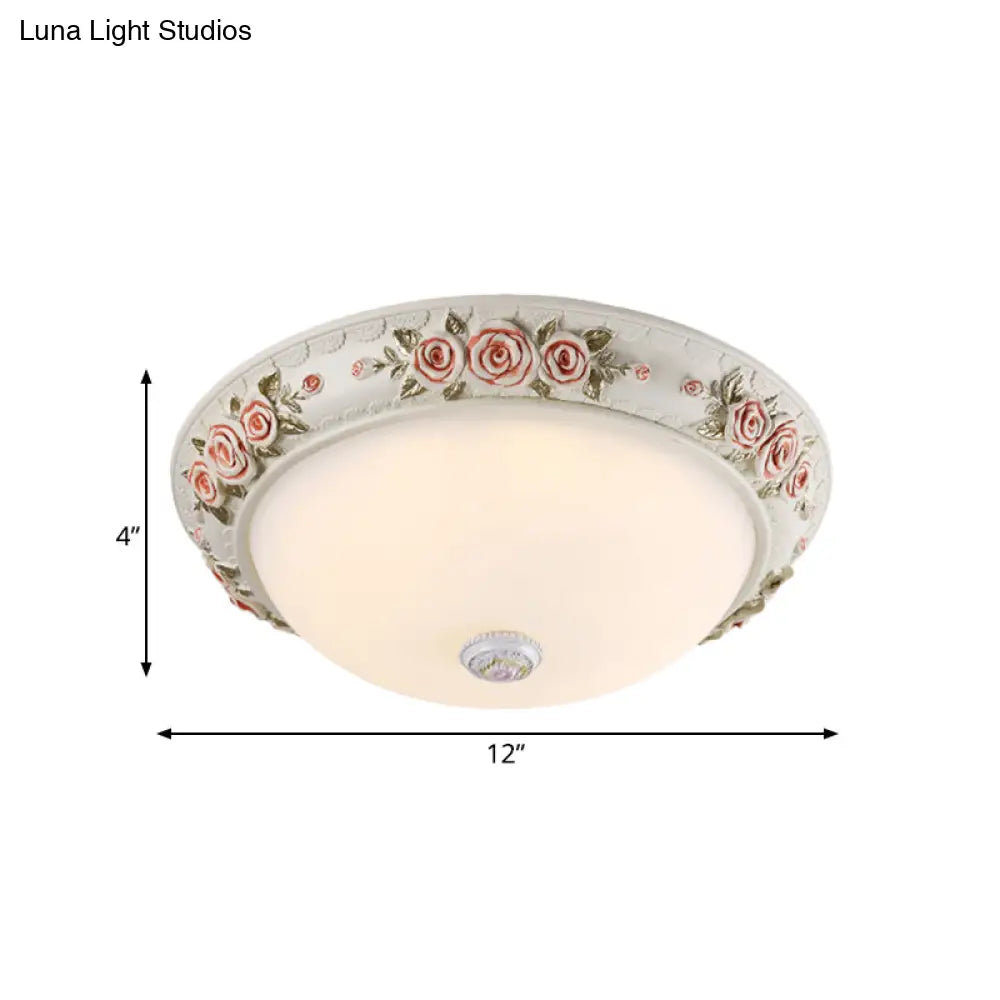 12/16 Wide Domed Ceiling Mounted Light With White Glass Flush Lamp And Rose Deco - Korea Countryside
