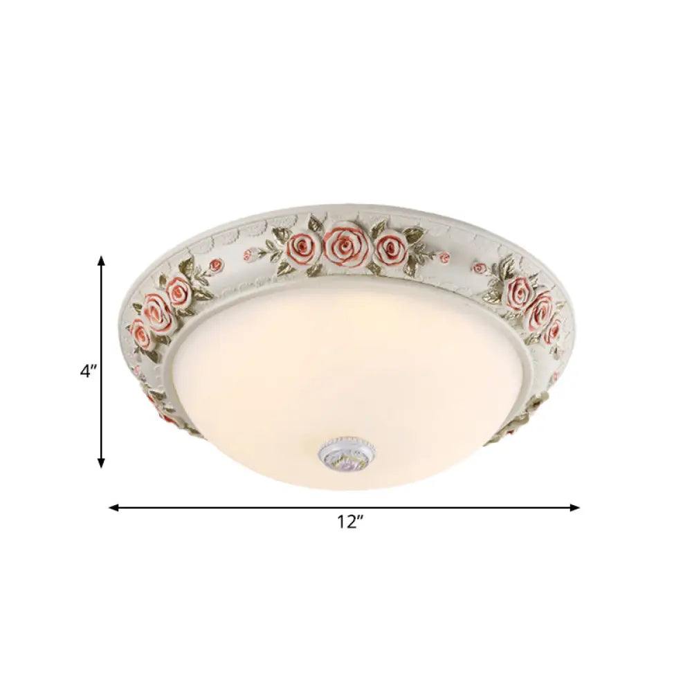 12/16 Wide Domed Ceiling Mounted Light With White Glass Flush Lamp And Rose Deco - Korea Countryside