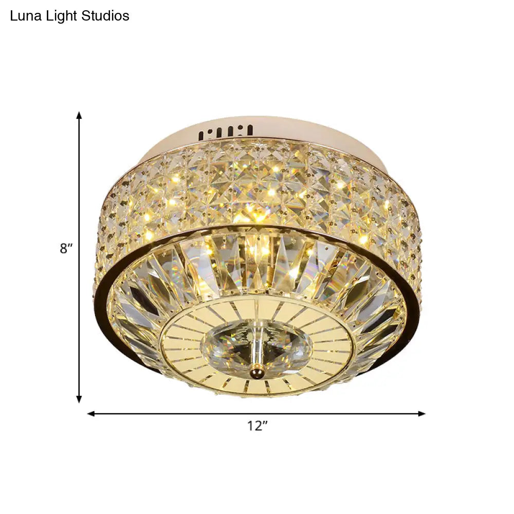 12’/16’ Wide Led Crystal Flush Light Fixture In Gold For Modern Bedroom Ceiling Mount