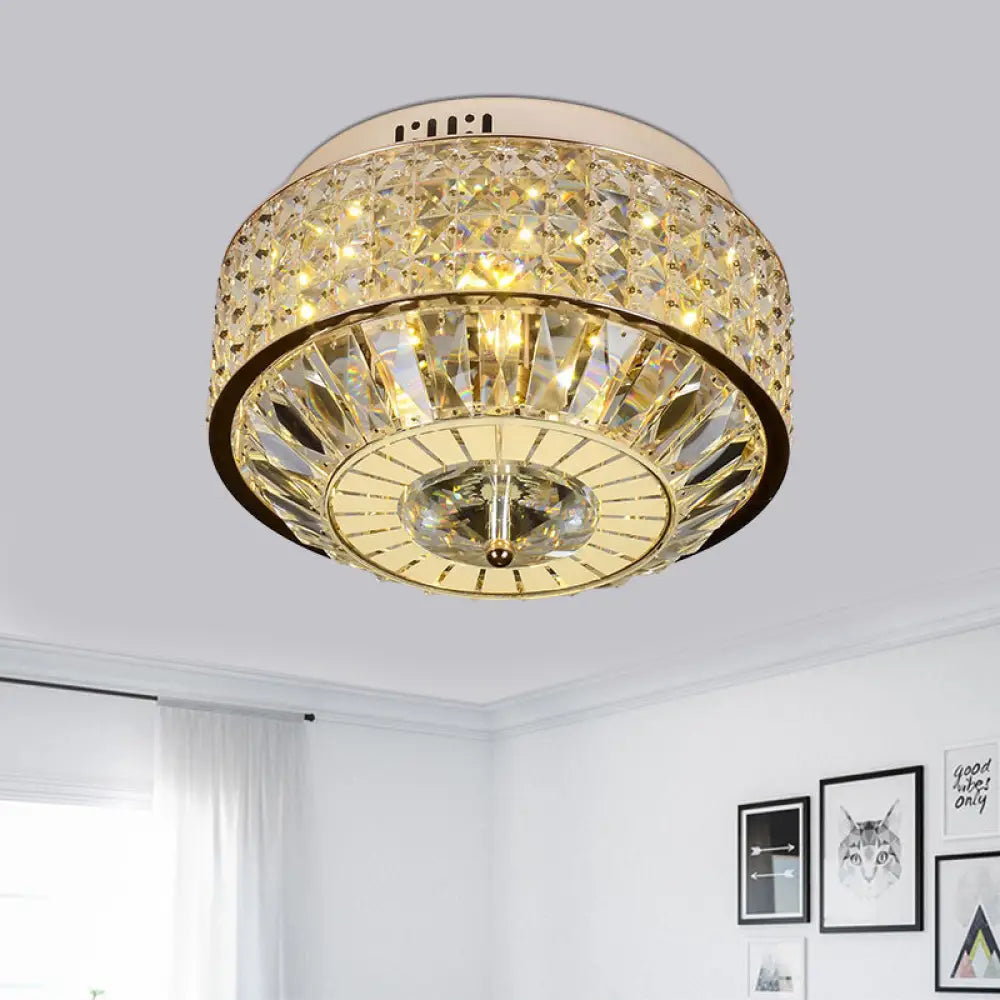 12’/16’ Wide Led Crystal Flush Light Fixture In Gold For Modern Bedroom Ceiling Mount / 12’