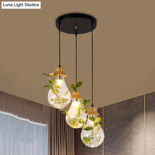 12/19.5 W Clear Glass Farmhouse Pendant Light Kit In Black 3-Head Cluster Design Bulb Shaped