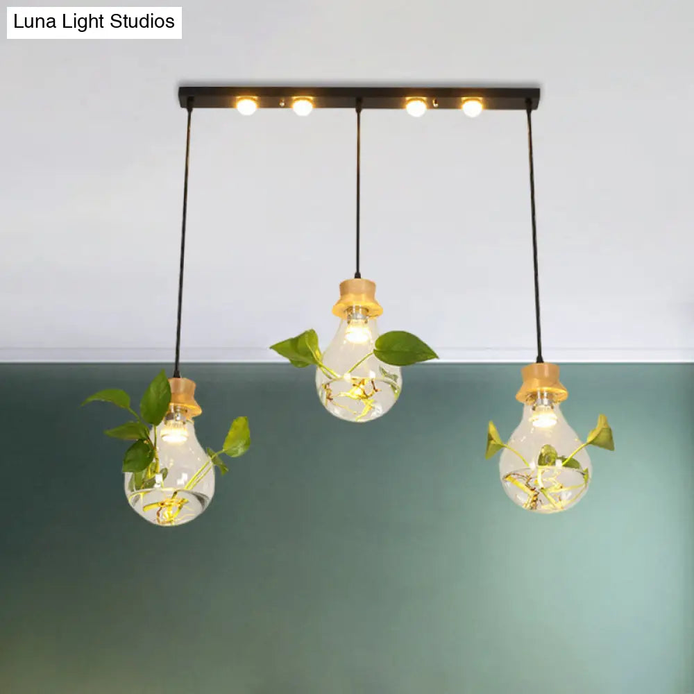 12/19.5 W Clear Glass Farmhouse Pendant Light Kit In Black 3-Head Cluster Design Bulb Shaped