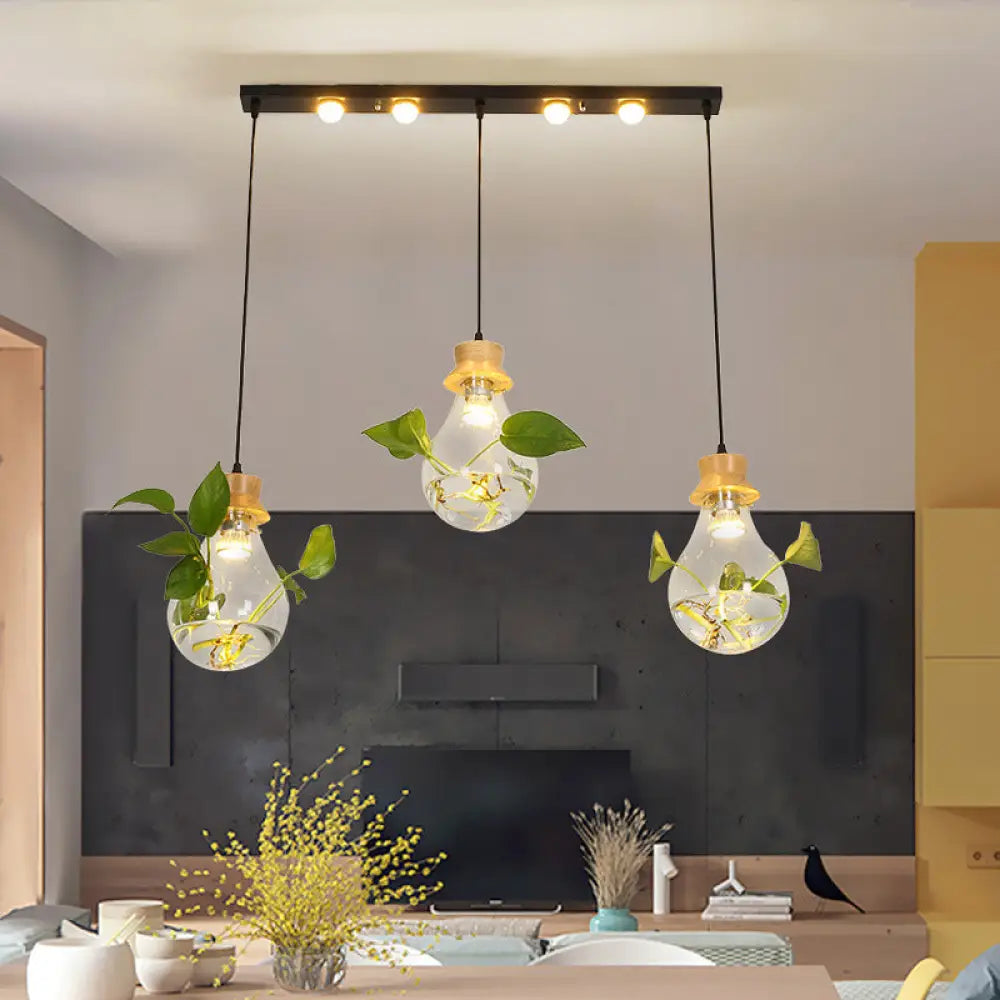 12/19.5 W Clear Glass Farmhouse Pendant Light Kit In Black 3-Head Cluster Design Bulb Shaped