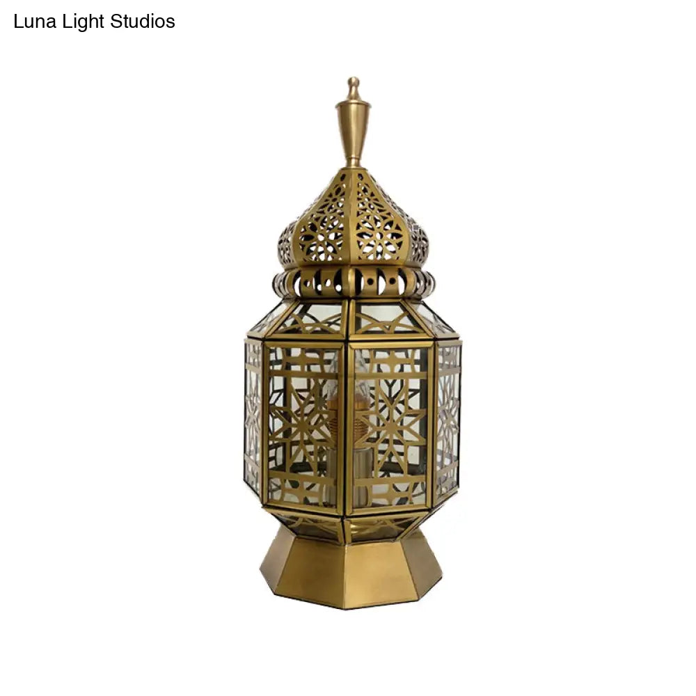 12.5/14 Wide Brass Table Lamp - Antiqued Lantern Metallic Nightstand Light For Bedroom