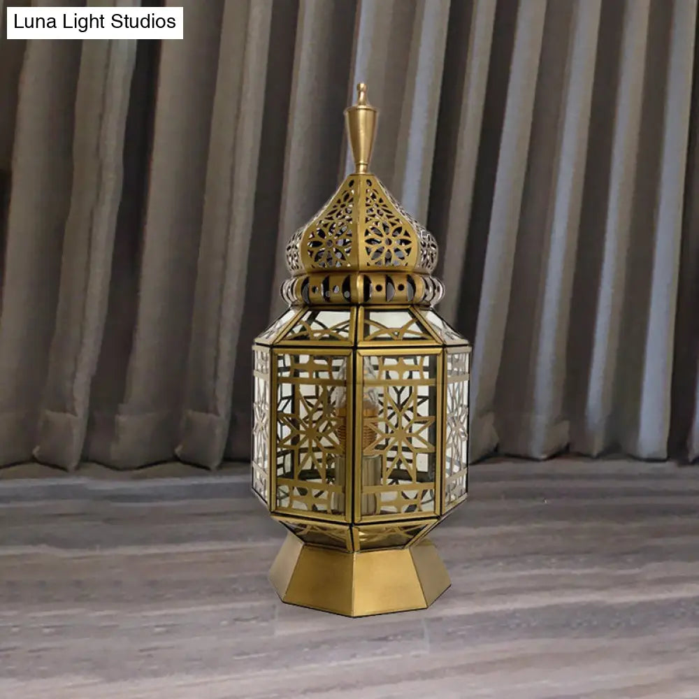 12.5/14 Wide Brass Table Lamp - Antiqued Lantern Metallic Nightstand Light For Bedroom