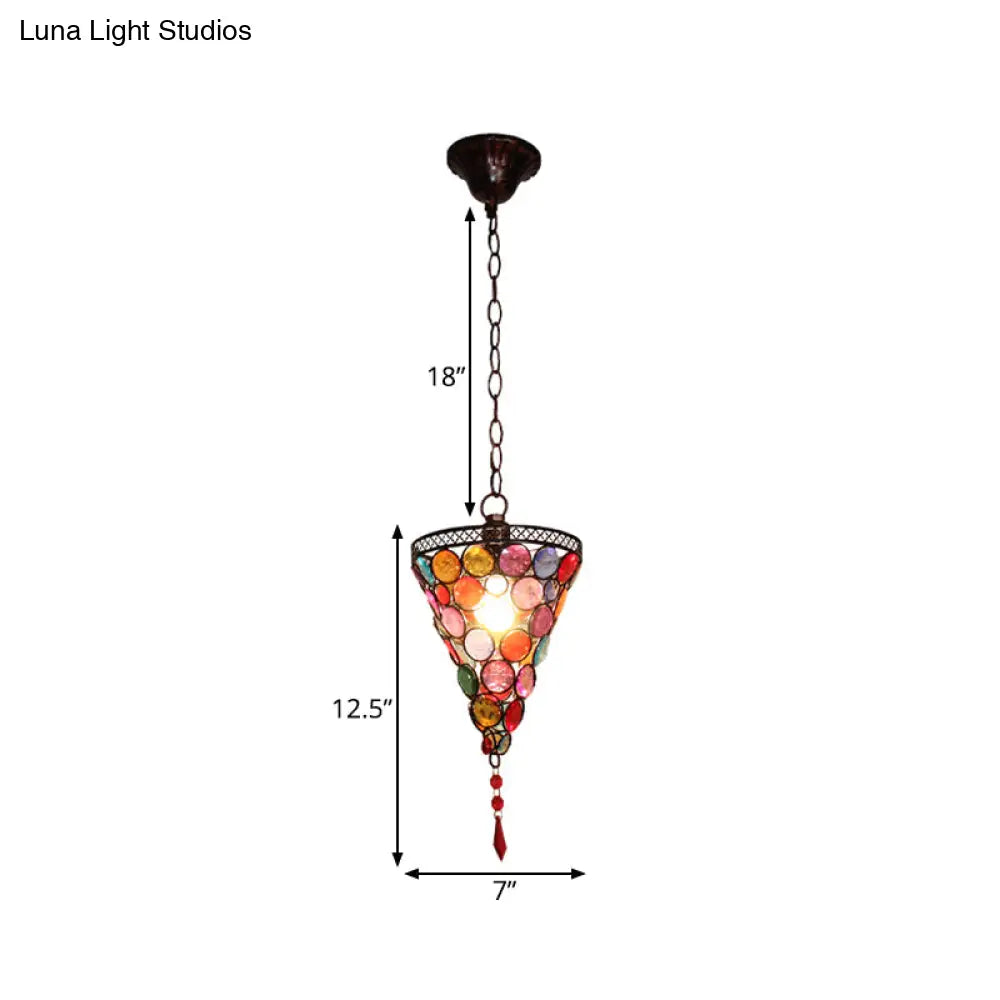 12.5 Tall Stained Glass Hanging Lamp - Antique Rust Conical Restaurant Down Lighting 1 Light