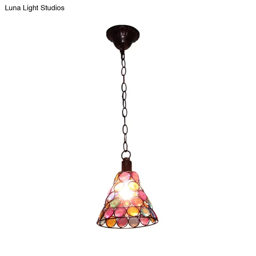 12.5 Tall Stained Glass Hanging Lamp - Antique Rust Conical Restaurant Down Lighting 1 Light