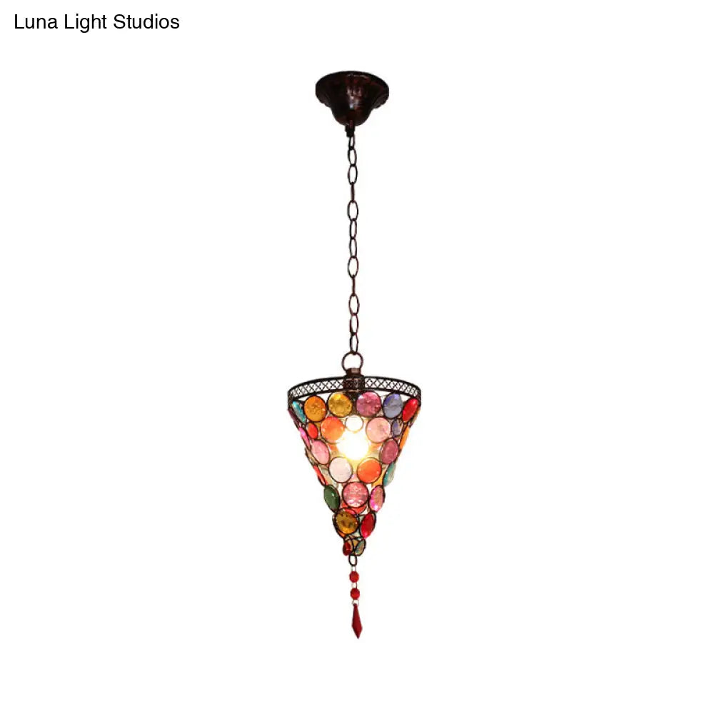 12.5 Tall Stained Glass Hanging Lamp - Antique Rust Conical Restaurant Down Lighting 1 Light