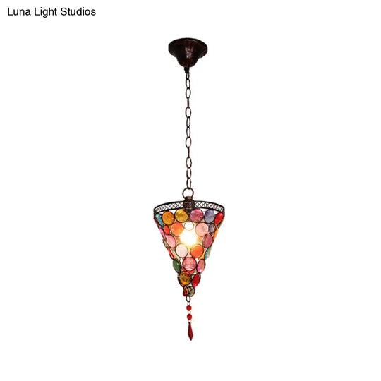 12.5 Tall Stained Glass Hanging Lamp - Antique Rust Conical Restaurant Down Lighting 1 Light