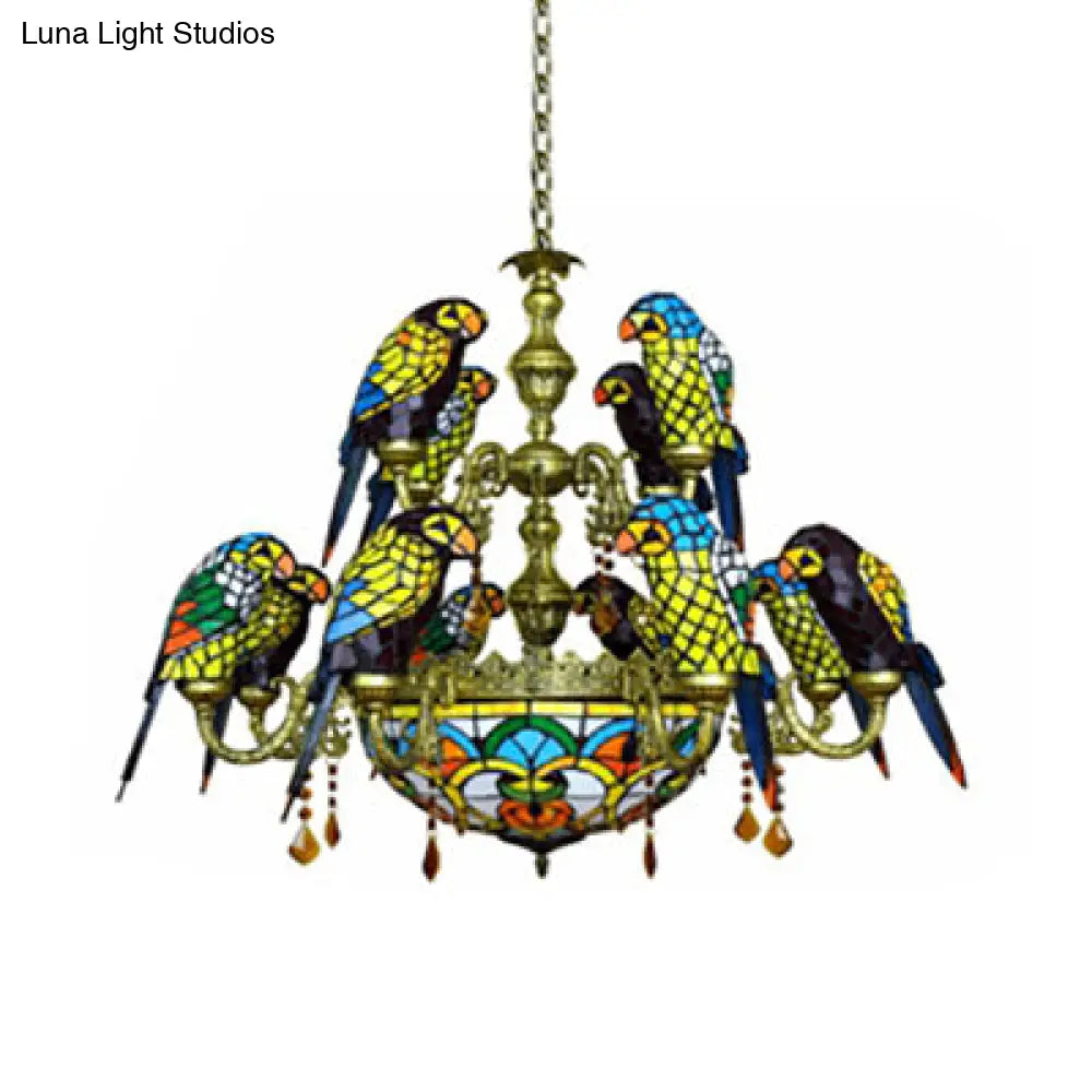 12 Arms Parrot Suspension Light Rustic Stained Glass Chandelier With Center Bowl In Yellow