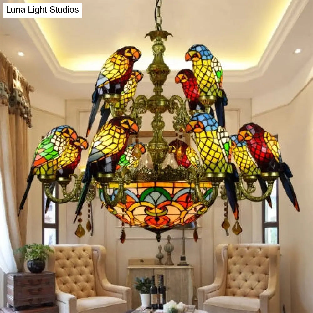 12 Arms Parrot Suspension Light Rustic Stained Glass Chandelier With Center Bowl In Yellow