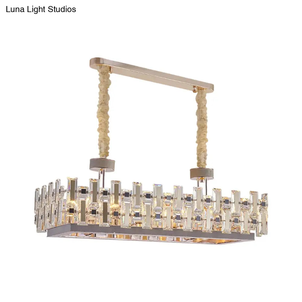 12-Bulb Gold Island Light With Clear Crystal Blocks Contemporary Rectangular Hanging Lamp