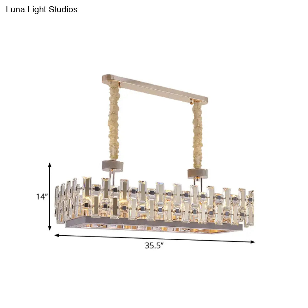 12-Bulb Gold Island Light With Clear Crystal Blocks Contemporary Rectangular Hanging Lamp