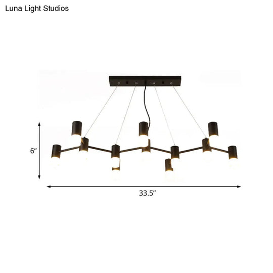 Contemporary Black Branch Suspension Light: 12-Head Metal Hanging Chandelier With Linear Design