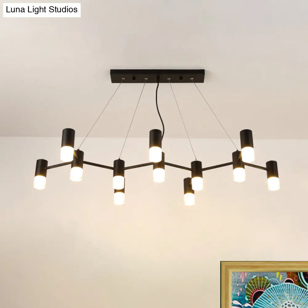 12-Head Black Metal Branch Chandelier With Linear Design & Suspension