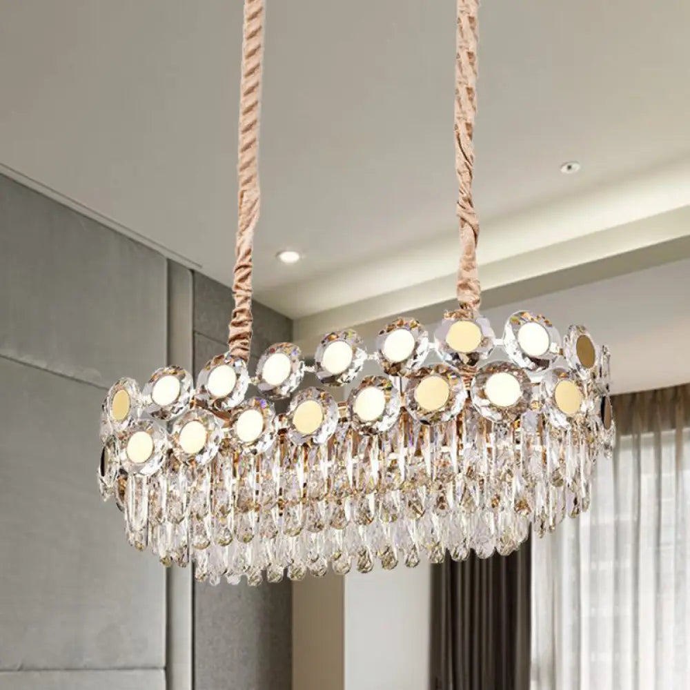 12-Head Gold Suspension Lighting Fixture: Oval Faceted Crystal Island Pendant Postmodern Design