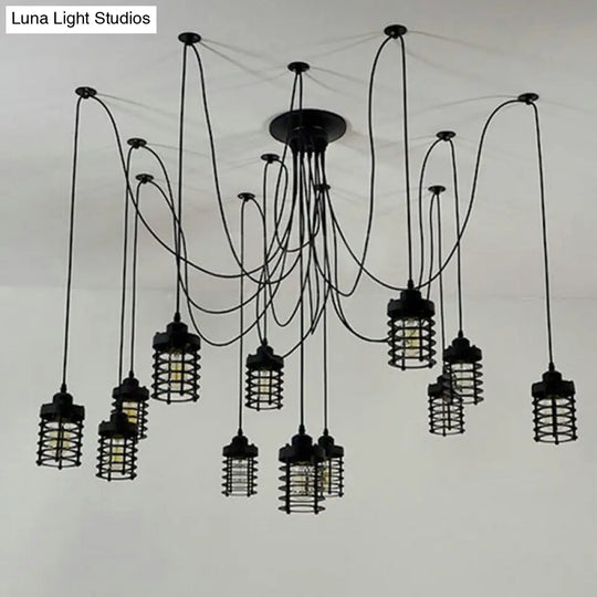 Farmhouse Bedroom Pendant Lamp - 12 Head Swag Multi-Light Ceiling Light With Black Iron Cage