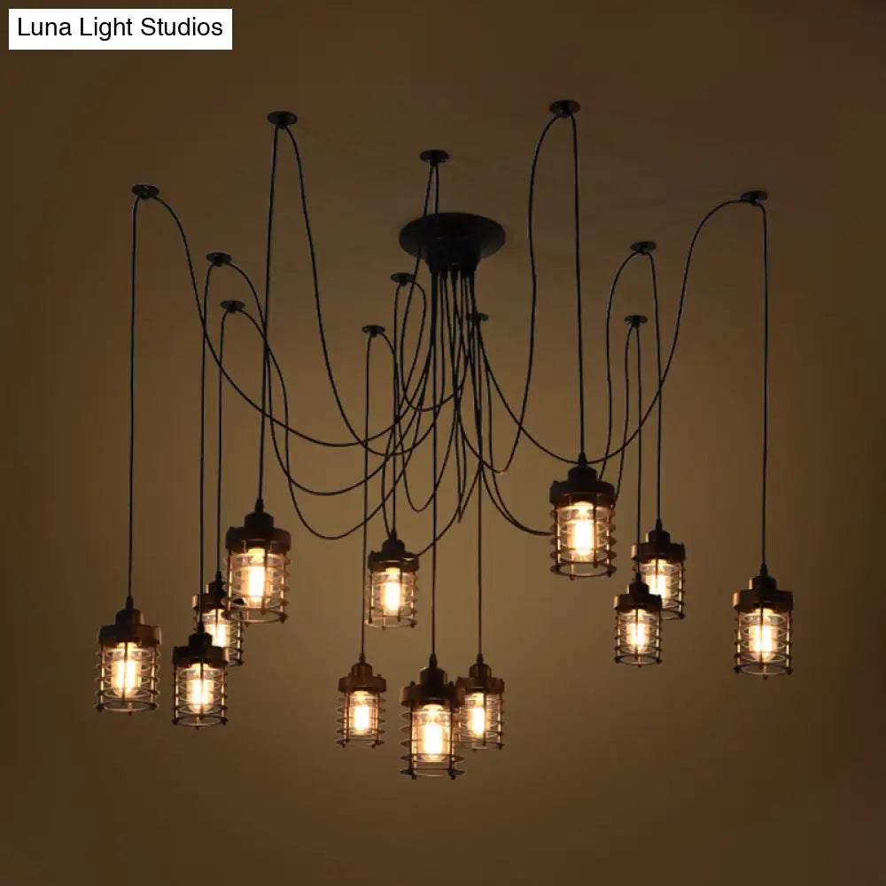 12-Head Swag Pendant Lamp For Farmhouse Bedroom - Multi Light Ceiling Fixture With Black Iron Cage