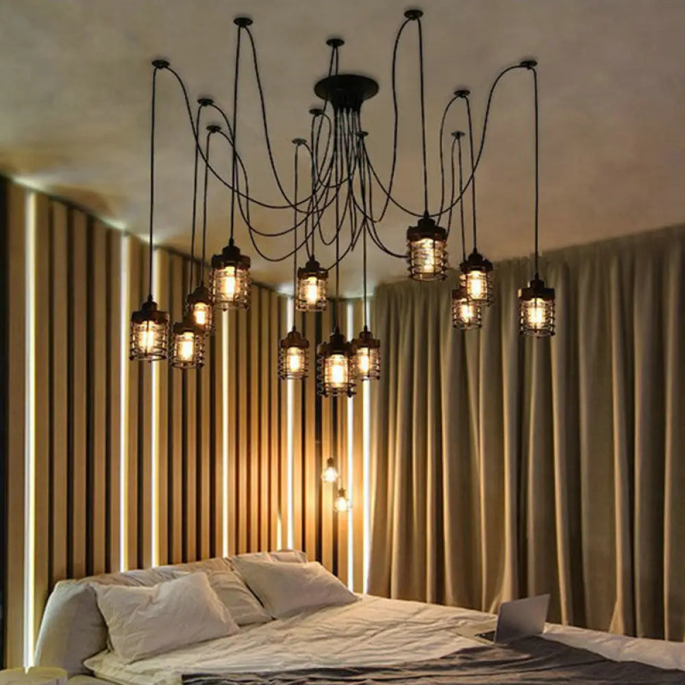 12-Head Swag Pendant Lamp For Farmhouse Bedroom - Multi Light Ceiling Fixture With Black Iron Cage